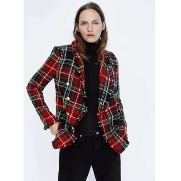 ZARA | Plaid Tweed Red Checkered Frayed Hem Collared Blazer (Size XS) - Picture 7 of 10